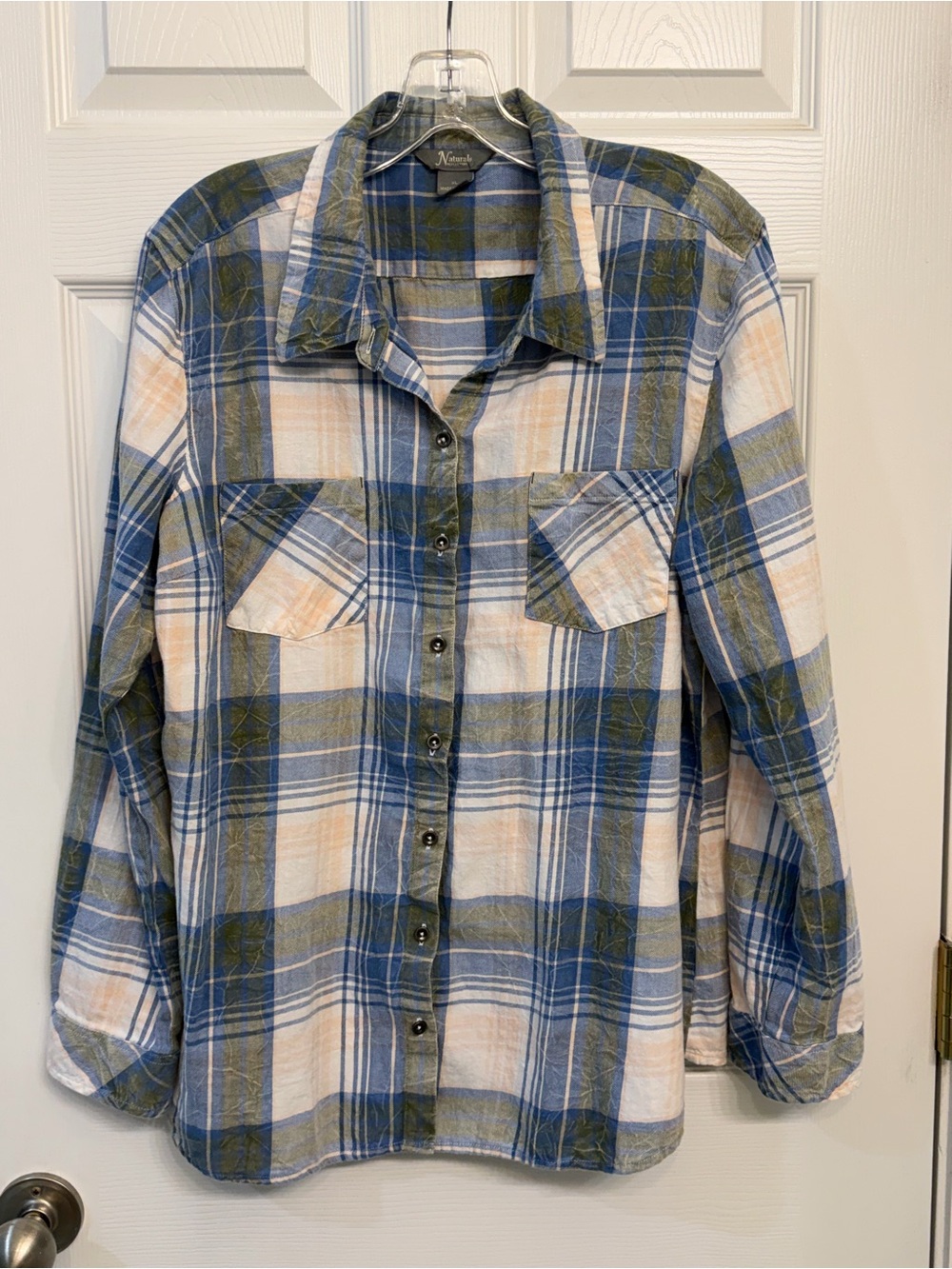 Natural Reflections Women’s Blue, Olive & Cream Plaid Button-Down Shirt Cotton